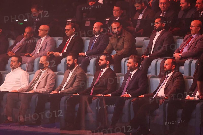 Syrian President Ahmad Al-Sharaa attends the official reopening ceremony of the newly renovated Al-Fayhaa Sports Hall. The event featured colorful artistic performances, a large crowd in the stands, and a friendly basketball match between the national teams of Syria and Lebanon, marking a significant step in rebuilding the country's sports infrastructure in Damascus, Syria on April 20, 2026, Damascus, Syria