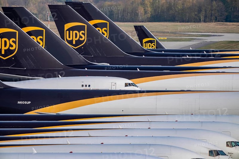 Cologne-Bonn airport, CGN, air freight center, UPS logisic hub, UPS cargo aircraft on the apron, tail stations, at the logistics center