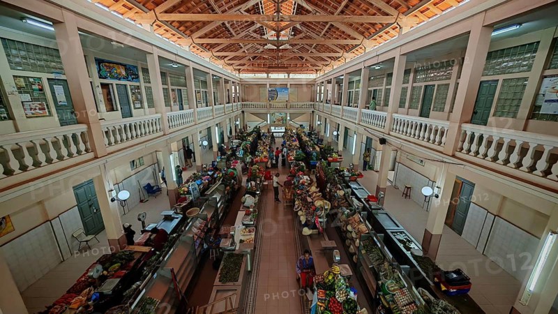 Panoramic view from above of the Mercado Municipal, Great Market Hall with stalls full of colorful goods, impressive architecture, Mindelo, Sao Vicente, Cabo Verde, Cape Verde, Cape Verde