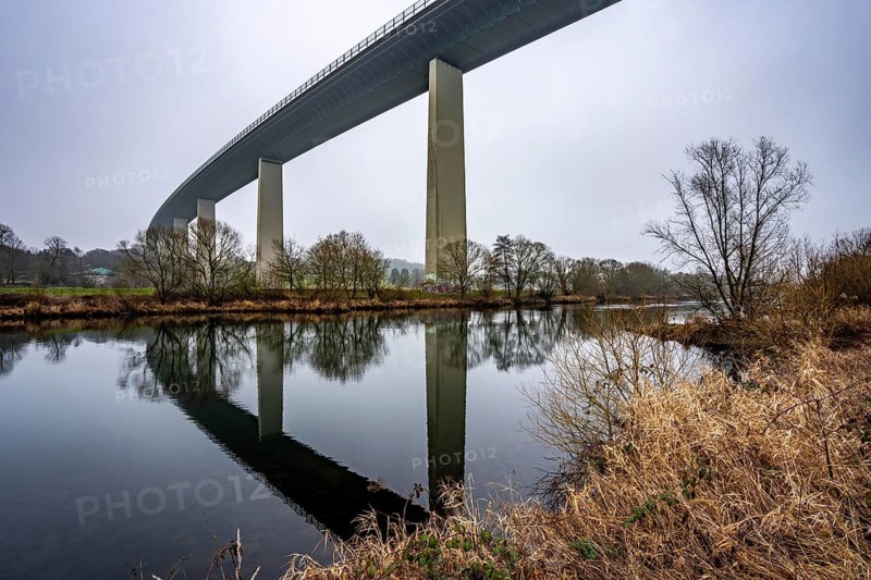 The Mintarder Ruhr Valley Bridge, A52 motorway bridge between Essen and Düsseldorf, longest steel road bridge in Germany, completed in 1966, 1830 meters long, 18 hollow pillars, highest point above ground is 65 meters, is used daily by more than 80, 000 vehicles, is considered dilapidated and is to be replaced, the bridge spans the Ruhr Valley, with the river Ruhr, between Essen-Kettwig and Mülheim an der Ruhr Hr, North Rhine-Westphalia, Germany
