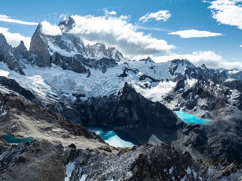 Aerial View, Epic Panorama, Large Glaciers, Lago de los Tres Laguna Sucia Glacier Lakes, Mountains and Peaks of Monte Fitz Roy, Mount Fitz Roy, Cerro Chalten, Los Glaciares National Park, Patagonia, Santa Cruz Province, Argentina