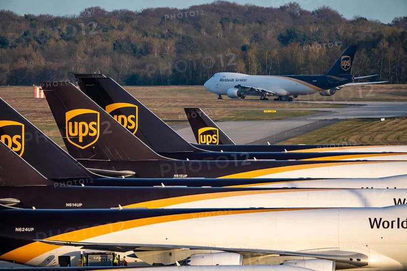 Cologne-Bonn airport, CGN, air freight center, UPS Logisic Hub, UPS cargo aircraft on the apron, UPS Boeing 747, jumbo jet, freighter on the way to takeoff