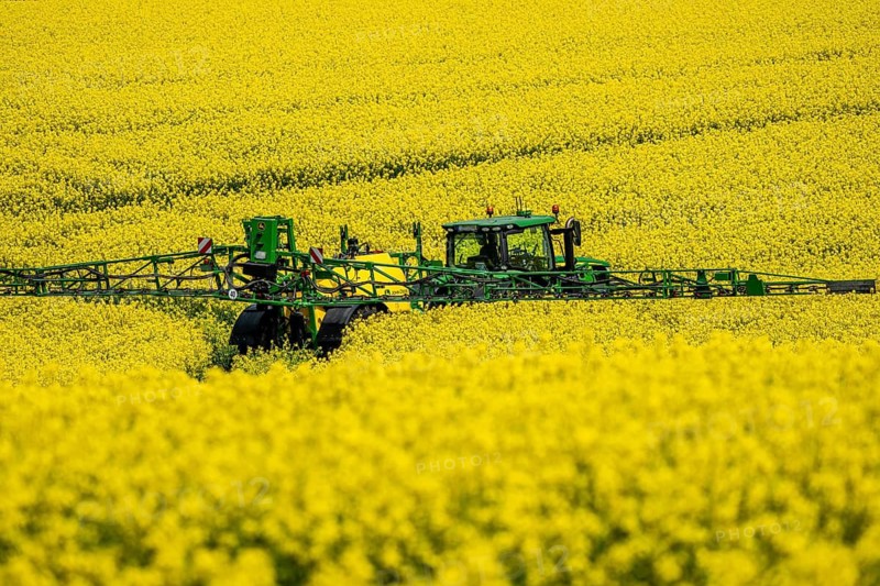 Agriculture, rapeseed field in full bloom, farmer sprays the field with a John Deere M952 trailer sprayer, plant protection products are sprayed against pests during rape bloom, rapeseed is particularly susceptible to pests during flowering, or is sprayed against fungal diseases, fungicides, all products must be compatible with bees, North Rhine-Westphalia, Germany