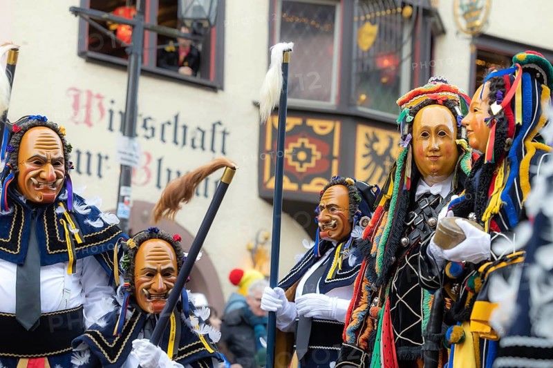 The highlight of the Swabian-Alemannic carnival is the fool's jump in Rottweil. Around 4000 fools jump through the historic Black Gate. Only fools with the certified original Rottweiler fool dress may participate. Rottweil, Black Forest, Baden-Württemberg, Germany