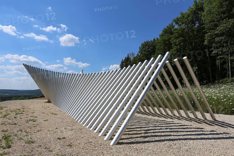Art in public space, sculpture made of aluminum profile pipes by artist Martin Burchard, life's horizon path near Mundingen, light and shadow, gravel, clouds, blue sky, walk-in art, paths of reflection and refreshment on the Ehinger Alb, Baden-Württemberg, Germany
