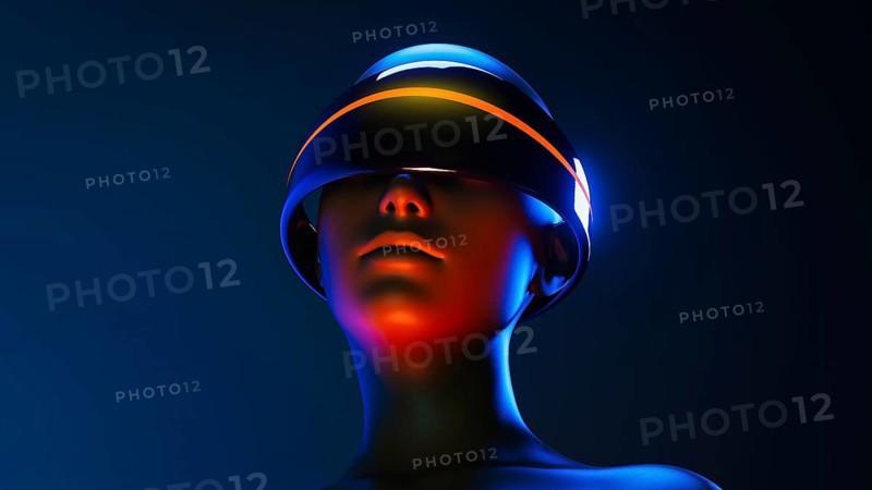A humanoid wearing virtual goggles experiences an augmented world filled with artificial intelligence and futuristic elements under vibrant lighting