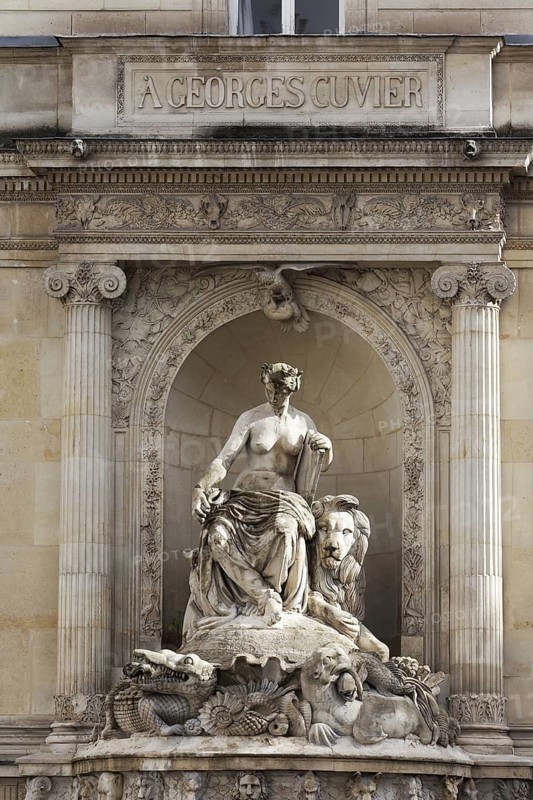 Cuvier fountain, Fontaine Cuvier, neoclassical fountain with allegorical figure and animal figures, 5th arrondissement, Paris, France