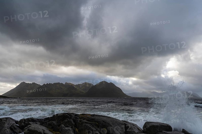 Coastal landscape with ocean surf, Lofoten, Nordland, Norway, September 2020