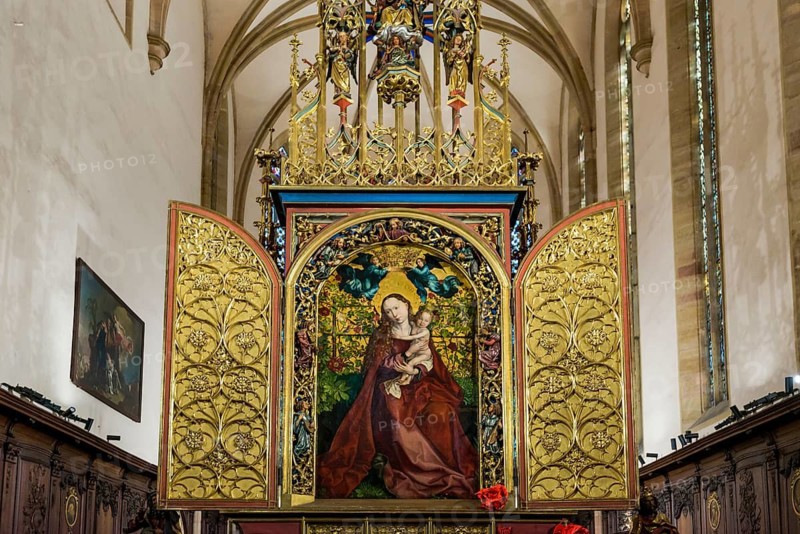 Famous medieval painting, Madonna in the Garden of Roses, by Martin Schongauer, Dominican Church, Église des Dominicains, Colmar, Haut-Rhin Department, Alsace, France