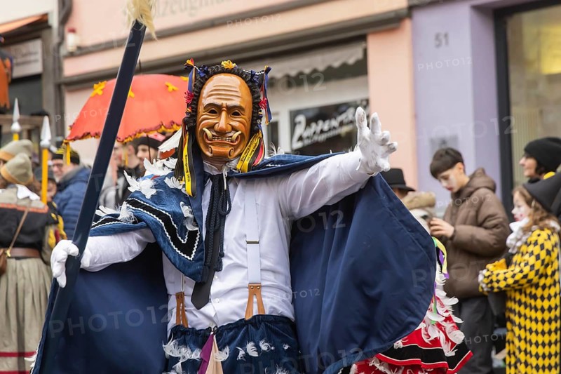 The highlight of the Swabian-Alemannic carnival is the fool's jump in Rottweil. Around 4000 fools jump through the historic Black Gate. The figure of Federahannes, who makes huge jumps, is distinctive. Rottweil, Black Forest, Baden-Württemberg, Germany