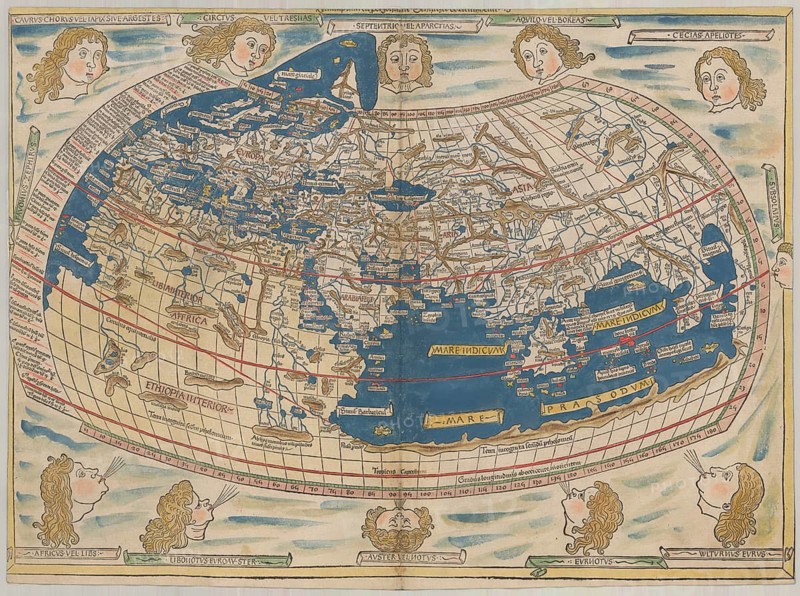 World map by Claudius Ptolemy or Ptolemy, colored woodcut by Johannes Schnitzer from Armsheim, printed by Lienhart Holle in Ulm 1482