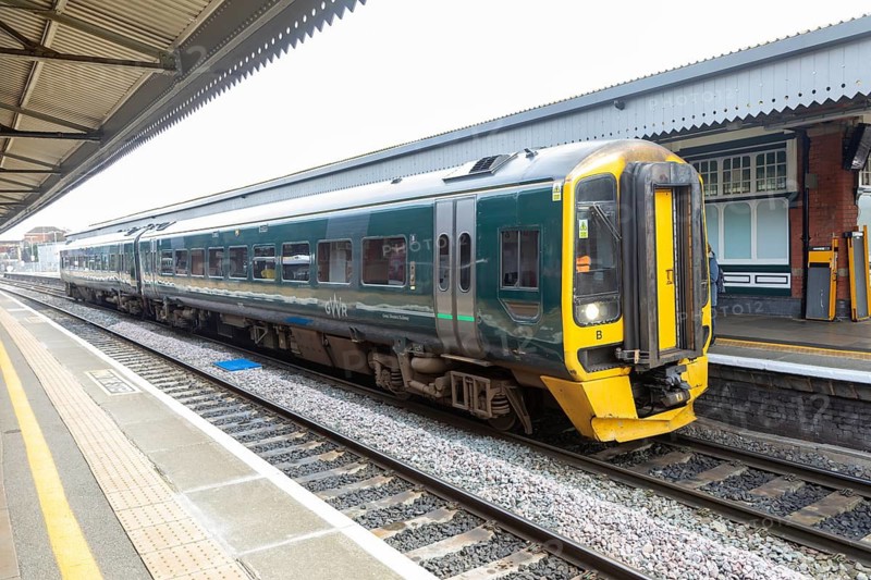 British Rail Class 158 Express Sprinter train diesel multiple 158767, Westbury railway station, Westbury, Wiltshire, England, UK