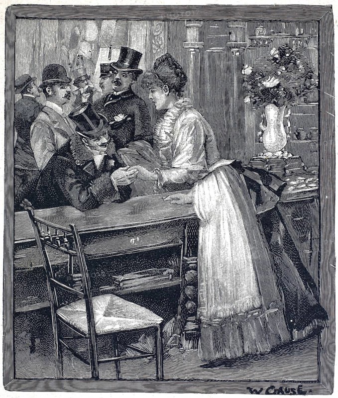 A woman in Victorian dress, possibly a waitress or barmaid, stands at a counter and interacts with a seated man in a top hat. Around the table are other gentlemen wearing various headgear (bowler hats and top hats), suggesting a busy public space. On the right in the background is a shelf with crockery and a decorative vase with flowers, illustration, reproduction from a 19th century model. Authentic, file restored for optimal use, exact date of original unknown, Historic