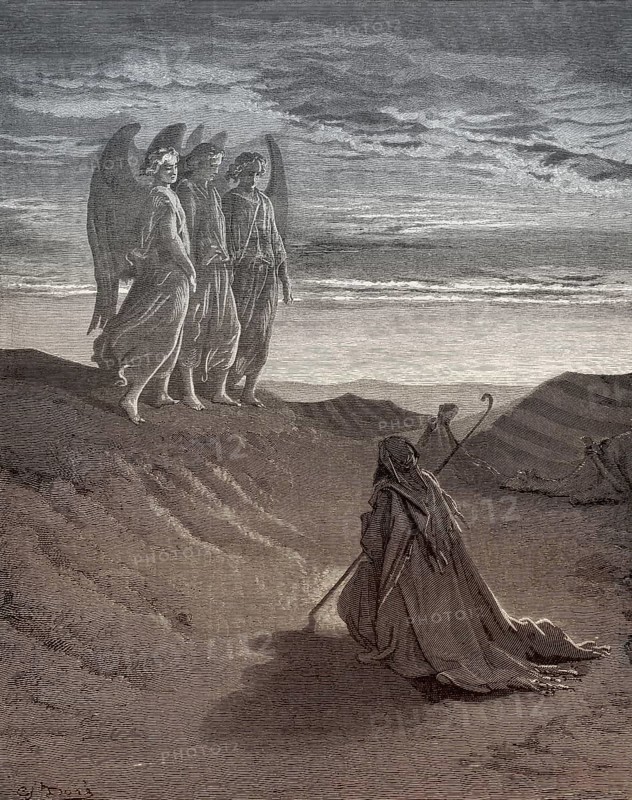 Abraham and the Three Angels, Old Testament, woodcut by Gustave Doré