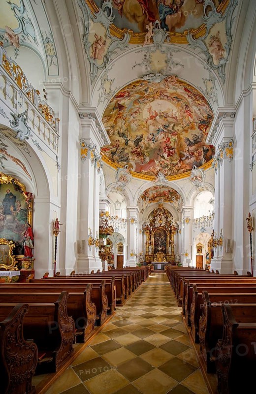 Catholic parish church of St Marinus and Anianus, former abbey church of the Benedictine monastery of Rott in rococo style, interior view, Rott am Inn, Bavaria, Germany