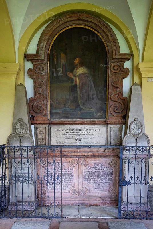 Crypt arcades, grave counters in the arcade of St. Sebastian's Cemetery, Church of St. Peter, Salzburg, Austria