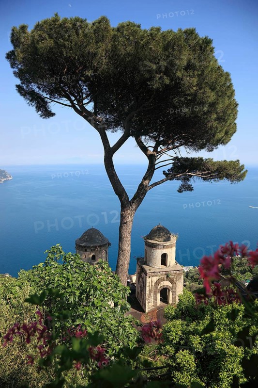 View from Villa Rufolo of the Gulf of Salerno and the towers of the Church of Chiese dell Annunziata, Campania, Italy