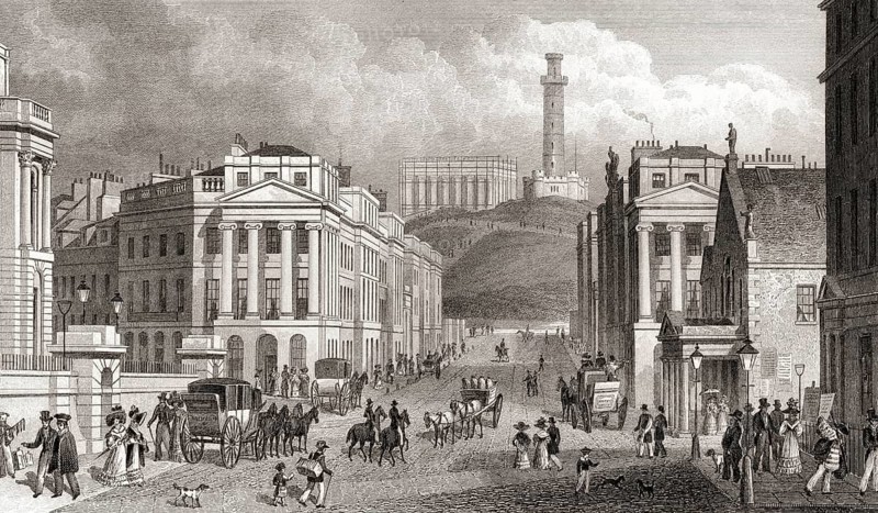 Waterloo Place, the National and Nelson's Monuments, Calton Hill, Edinburgh, Scotland, 19th century, from Modern Athens by Th. H. Shepherd