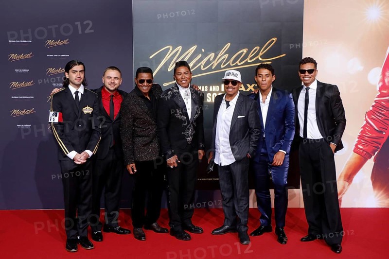 Bigi Jackson (aka Blanket Jackson, Prince Michael Joseph Jackson, II), Prince Michael Jackson, Jackie Jackson, Jermaine Jackson, Marlon Jackson and guests at the world premiere of the film Michael at Uber Platz in Berlin on 10 April 2026
