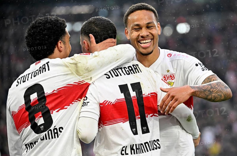 Goal celebration Bilal El Khannouss VfB Stuttgart (11) Tiago Tomas VfB Stuttgart (08) Nikolas Nartey VfB Stuttgart (28) Soccer Bundesliga, MHPArena, MHP Arena Stuttgart, Baden-Württemberg, Germany