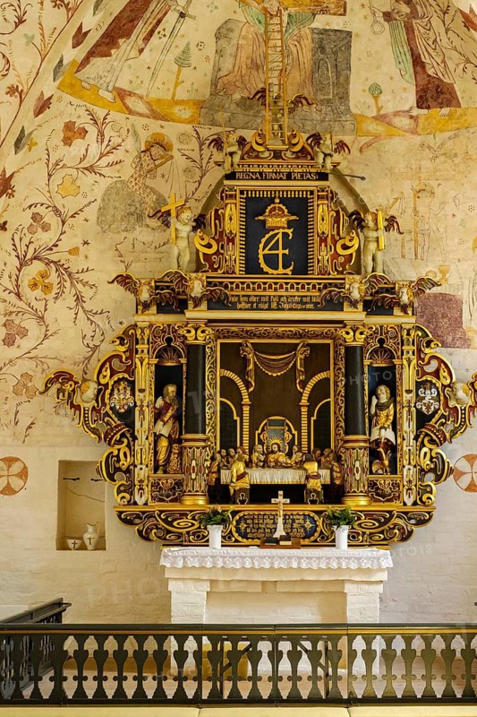 Church altar depicting the institution of the Lord's Supper, Elmelunde Kirke, Elmelunde Church and oldest church building on the island of Mön, Denmark, Scandinavia, Europe, for editorial use only