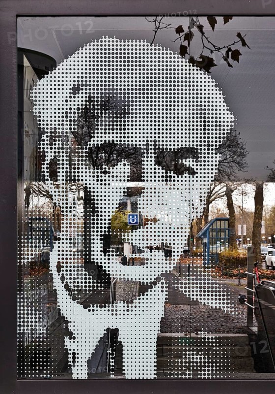 Portrait of Theodor Heuss on the glass pane at the underground exit Heussallee and Museumsmeile, Bonn, North Rhine-Westphalia, Germany