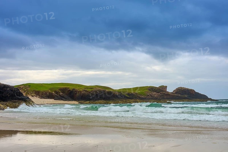 Coast with wavy sea, rocky shore and overcast sky, Clachtoll Beach, Clachtoll, Lairg, Scotland, United Kingdom, Great Britain