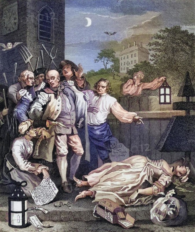 The Four Stages of Cruelty Cruelty in Perfection Engraved by I Romney after Hogarth From The Works of Hogarth published London 1833, Historisch, digital restaurierte Reproduktion von einer Vorlage aus dem 19. Jahrhundert, Record date not stated