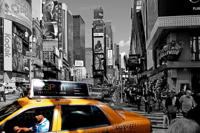 Traffic in Times Square, black and white, New York City, USA