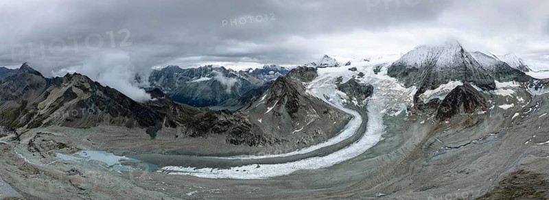 Aerial view, Alpine panorama, mountain landscape with glacier Glacier de Cheilon and summit Mont Blanc de Cheilon, Valais, Western Alps, Switzerland