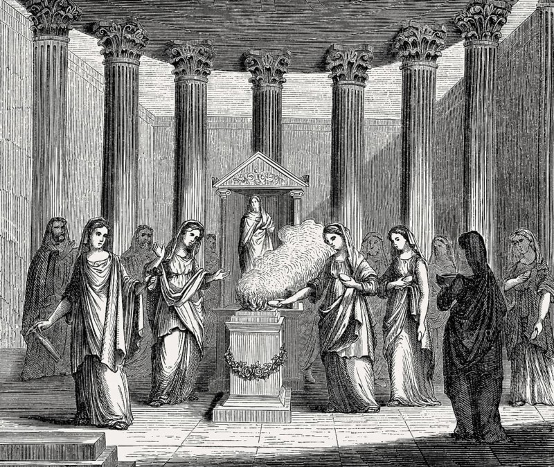 Vestal Virgins cultivating the sacred fire, Temple of Vesta, ancient Rome, Italy