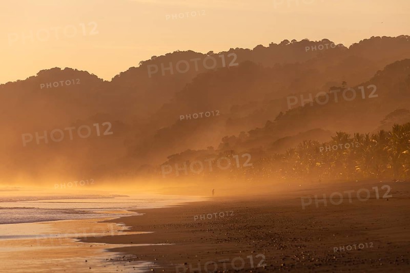 The low sun's golden light illuminates the ocean spray on Carate Beach, with views of Corcovado NP at sunset. Costa Rica