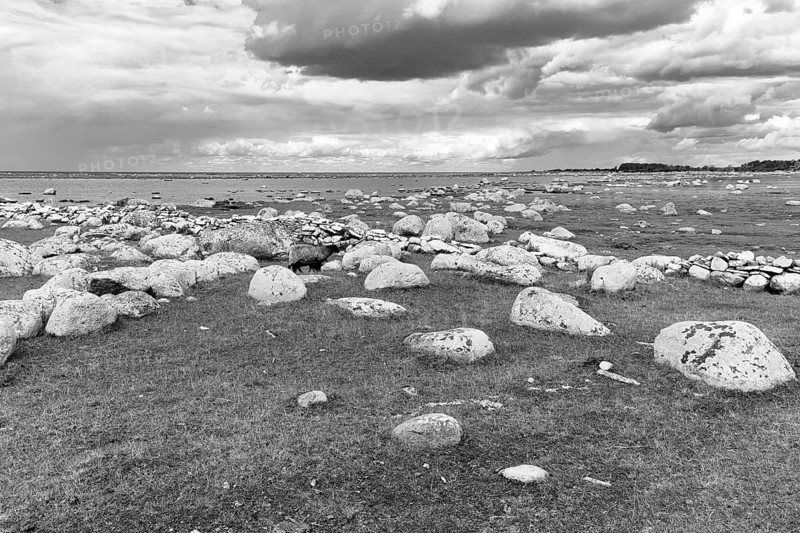 Ottenby nature reserve, extensive coastal landscape, meadows, boulders, monochrome, UNESCO World Heritage Site, agricultural landscape of South Öland, Öland island, Kalmar län, Sweden