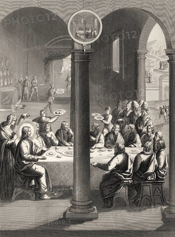 Jesus Christ and disciples at the table in the house of Simon the Leper, with Mary Magdalen and Martha serving, New Testament, steel engraving 1853, digitally restored