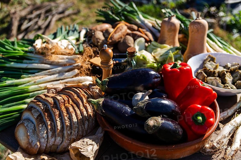 A colorful display of fresh calsots, vegetables, bread, and spices ready for a traditional Catalan calsotada. This authentic outdoor gathering emphasizes local gastronomy and slow living