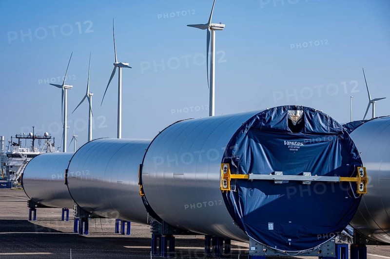 The seaport of Eemshaven, Julianahaven Basin, is where the components, rotors, tower components, technical gondolas, for offshore wind farms, which are then assembled into actual wind turbines, the components are transported to the wind farms in the North Sea with large working vessels and assembled there, Eemshaven, the Netherlands