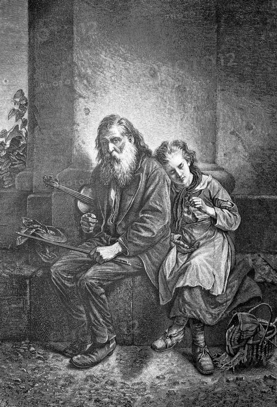 The poor violinist and his daughter, beggar, beggar musician, depicting a traveling musician with his daughter, who is often interpreted as a symbol of poverty and the wandering people, 1890. An old, bearded violinist sits exhausted on a stone bench on a street corner, his violin and bow lie in his lap, a young girl leans on his shoulder and counts the few coins they have received by begging or playing music, Illustration, reproduction from a 19th century model. Authentic, file restored for optimal use, exact date of original unknown, Historical, A bearded street musician with a violin sitting on a wall next to a young girl