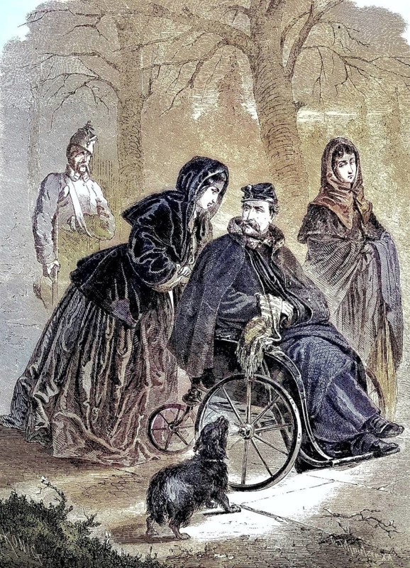 Old soldier in the soldiers' home in Deversee, coloured woodcut from 1864, A man in a wheelchair is accompanied by two ladies in the forest, a dog sits in front of him