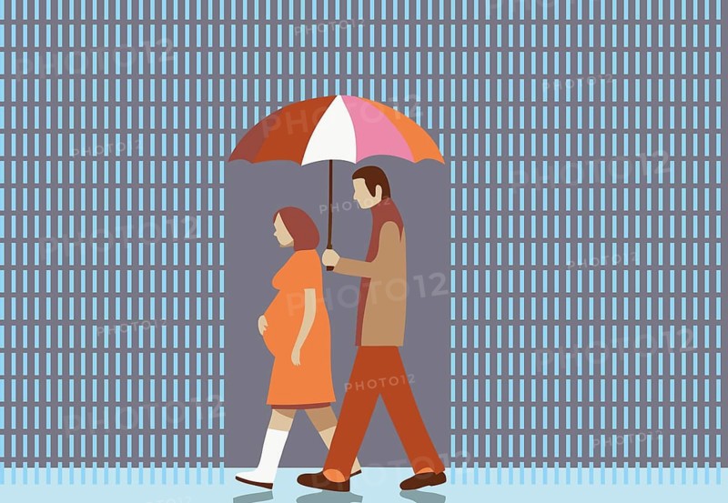 Couple walking together under umbrella in rain. Companionship, support concept