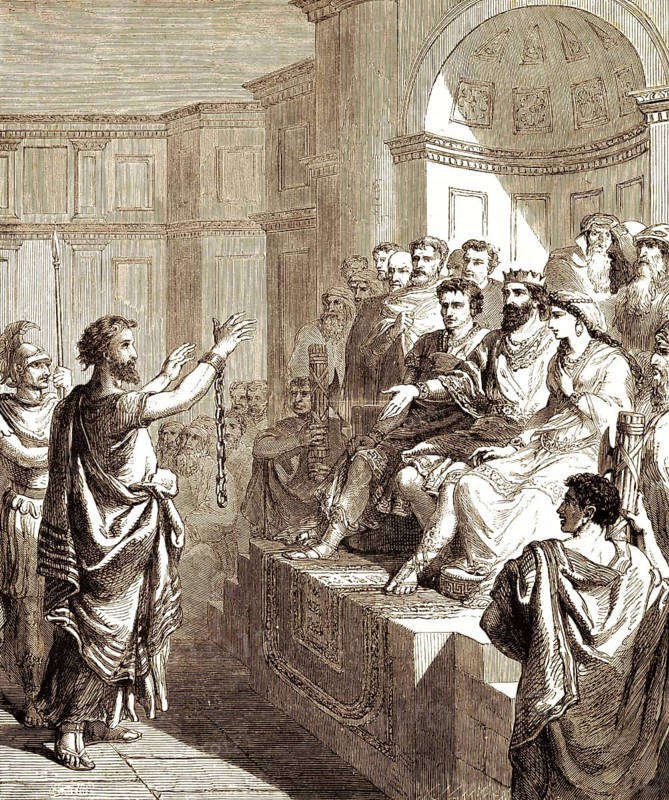Paul in front of Herod Agrippa II and Festus, high priest Ananias, Sadducees, the Acts of the Apostles, chapter 23, verses 1 ff, New Testament, dispute, grumbling, beating, threatening, priest of God, Pharisee, screaming, turmoil, temple, interior, Bible, historical illustration 1850