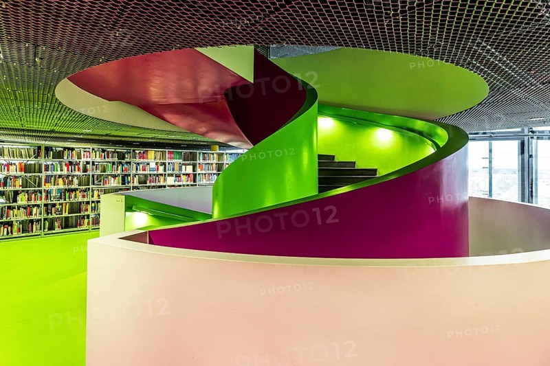 Information, Communication and Media Centre (IKMZ) of the Brandenburg University of Technology Cottbus-Senftenberg. It serves as the library, multimedia and computer centre of the BTU. Architects: Herzog & de Meuron, 2004. spiral staircase