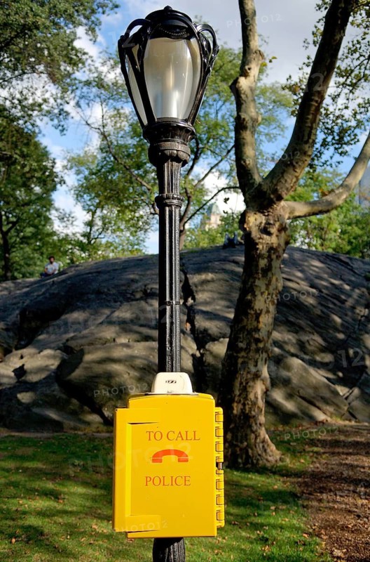Emergency call for police at a lamppost in Central Park, New York City, USA