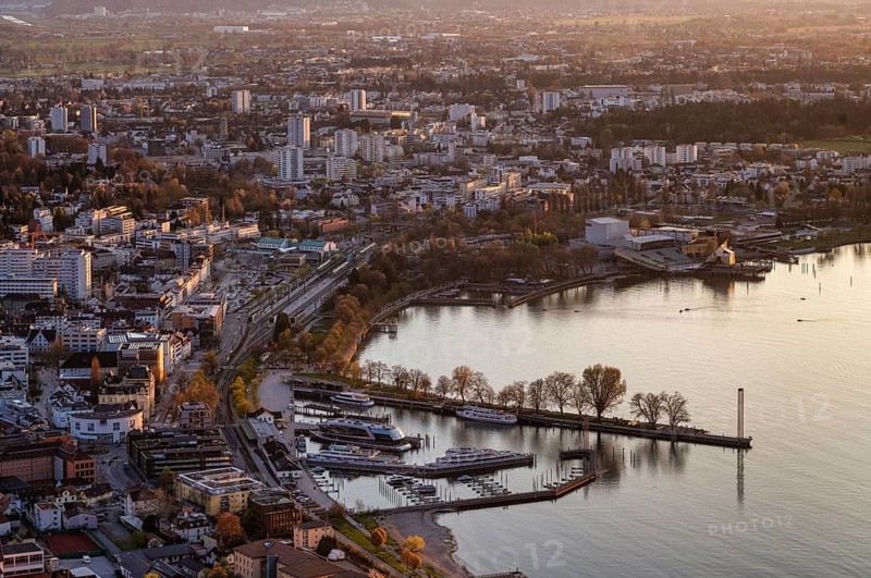 View from above of harbor, lake stage, Bregenz, Vorarlberg, Lake Constance, evening mood, Austria