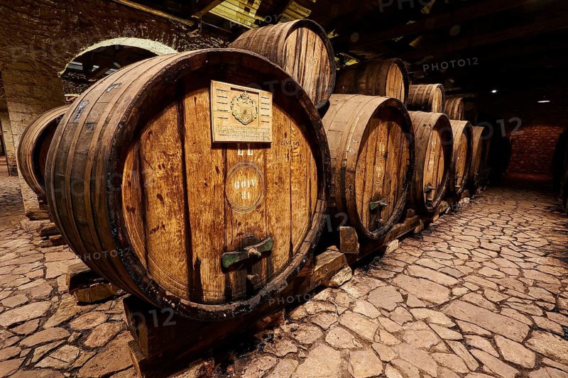 Wooden barrels on a stone floor in a wine-cellar-like setting, Achaia Clauss winery, Patras, Peloponnese, Greece