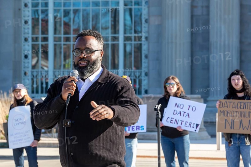 Detroit, Michigan - Detroit City Councilman Denzel McCampbell speaks at a rally against AI data centers in Michigan, one of six protests held across the state