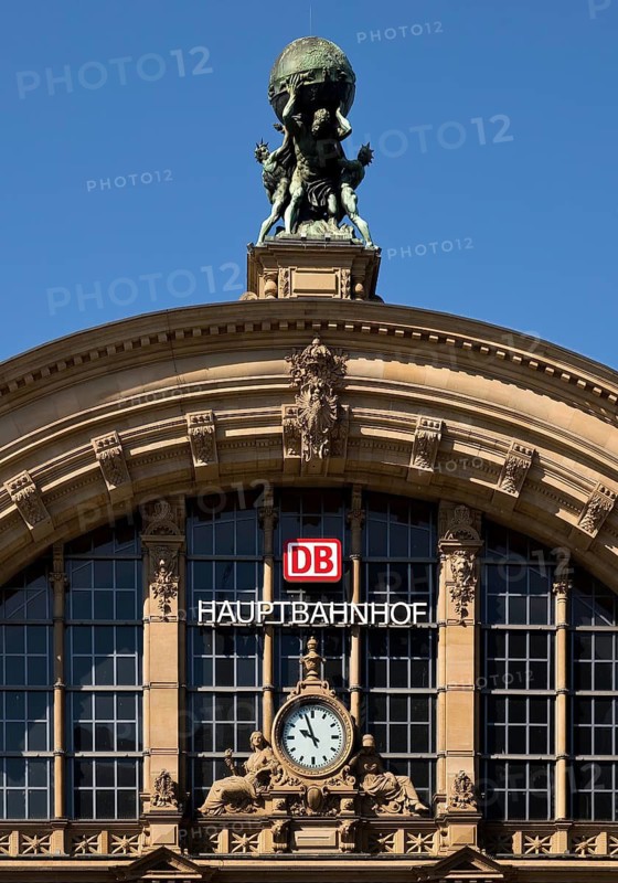 Main front of the main railway station with Atlas carrying the globe on his shoulders, Frankfurt am Main, Hesse, Germany