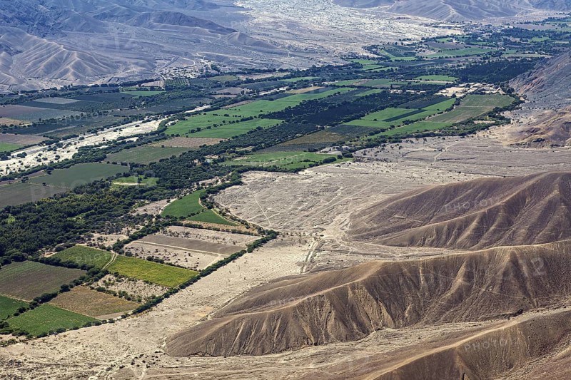 Colourful agricultural plots contrasting with bare desert mountains, the desert landscape near Nasca in Peru