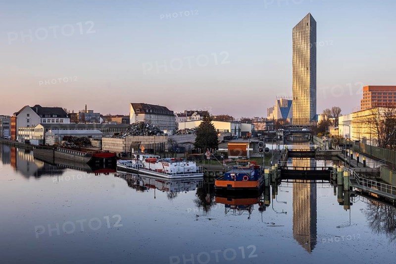 Estrel Tower, the tallest building in Berlin at 176 meters, planned opening as part of the Estrel Hotel at the end of 2026, view from Neukölln Harbour, Neukölln, Berlin, Germany