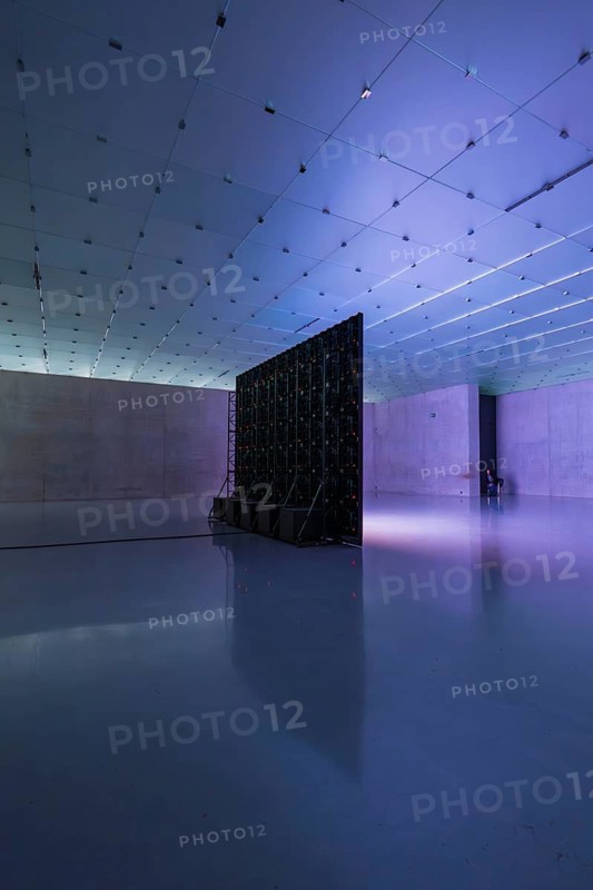 Spacious, modern room with blue and purple lighting effects, empty and industrially designed, Kunsthaus Bregenz, Vorarlberg, Austria
