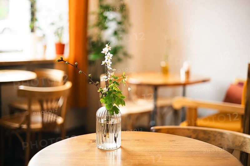 A cozy cafe wooden table with a glass vase holding delicate white flowers. The warm, inviting atmosphere features soft lighting and classic wooden chairs